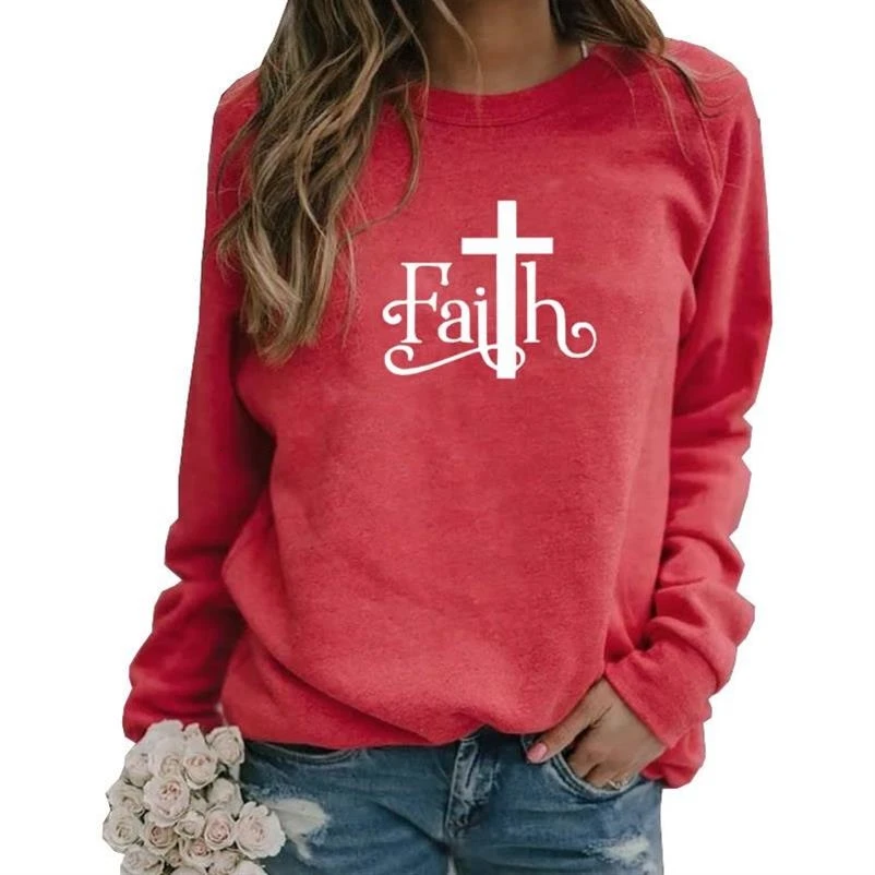 Женские хлопковые толстовки с буквенным принтом Faith, толстовки с длинным рукавом и круглым вырезом, повседневные женские толстовки размера плюс 5XL