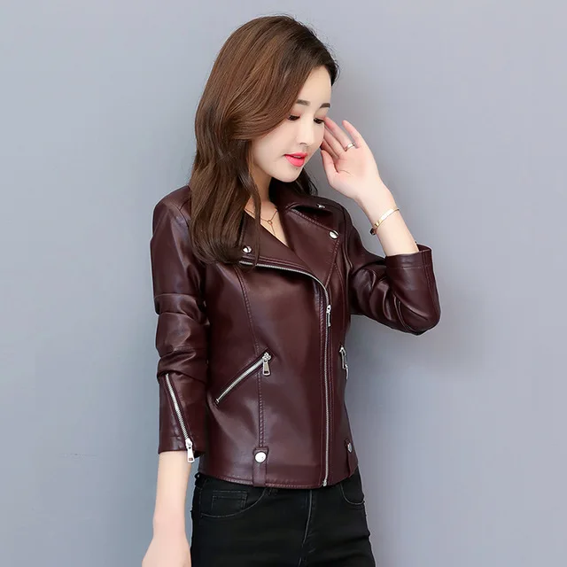 Wine Red Plus Cotton Осенне-зимняя женская куртка из искусственной кожи, большие размеры 5XL, модная женская мотоциклетная куртка на молнии, хлопковое мягкое пальто из искусственной кожи - Цвет: Wine Red Plus Cotton