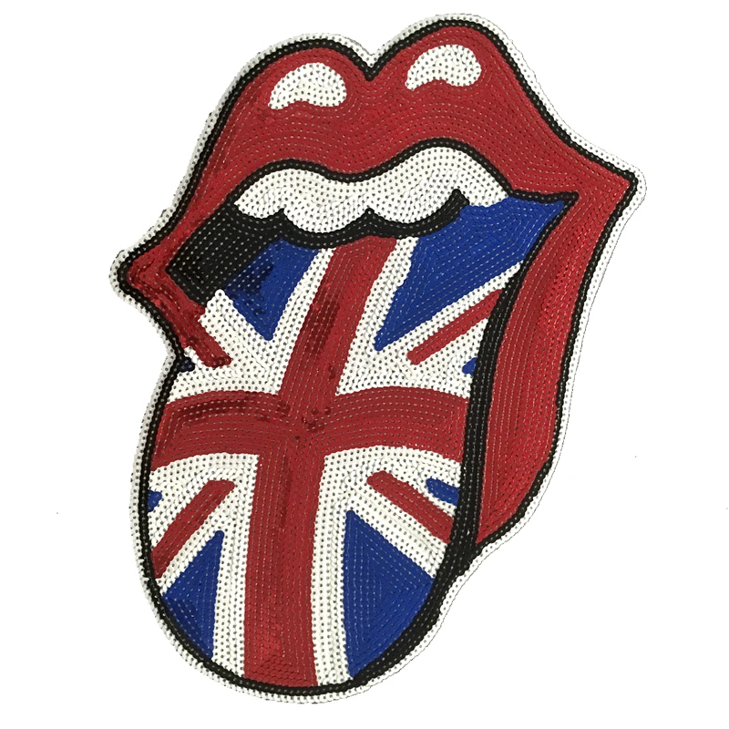 

2019 New Custom Union Flag Tongue Sequined Sew on Iron on Patches for Clothes 35.5x26cm Big Lips Sequins Appliques Sewing DIY