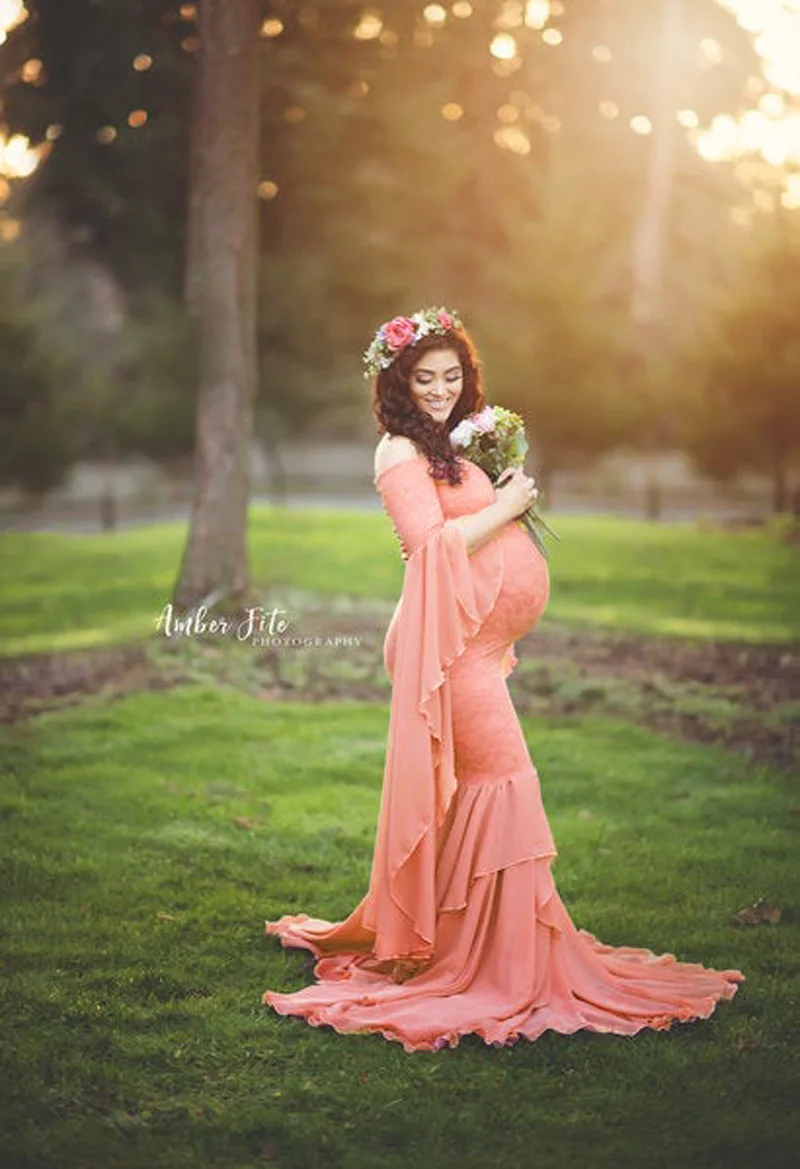Элегантные кружевные платья для беременных для фотосессии с пышными рукавами и рюшами, платья для беременных для женщин, длинное платье для беременных, фотография - Цвет: Розовый