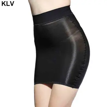 

Women Erotic Glossy Oil Shiny Compression Mini Skirt Solid Color Transparent Package Hip Elastic Micro Lingerie Dress