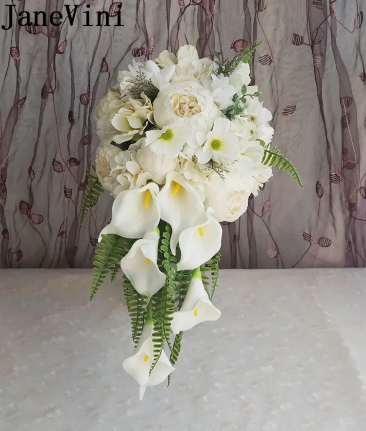 JaneVini водопад белый свадебный букет Искусственный Пион Калла Лилия букет невесты в форме капли жемчужные свадебные букеты