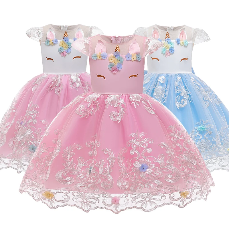 3 Style Cartoon Unicorn Girls Dress Cute Big Bow Flower Mesh Princess Christmas Vestidos 2-8 Years Old Baby Girl Clothes | Детская