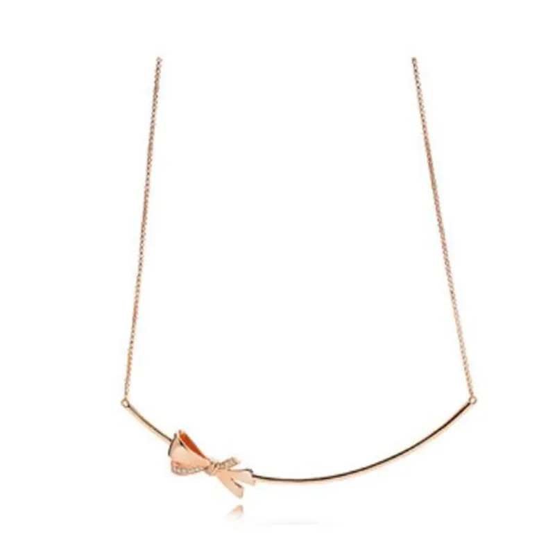 

925 Sterling Silver pan Necklace Rose Gold Brilliant Bow With Sliding Clasp Necklace For Women Wedding Gift Europe Jewelry