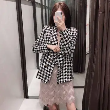 

2019 Women Office Pockets Double Breasted Coat Elegant Tassels Tweed Work Jacket Female Outwear Plaid Blazers Coat