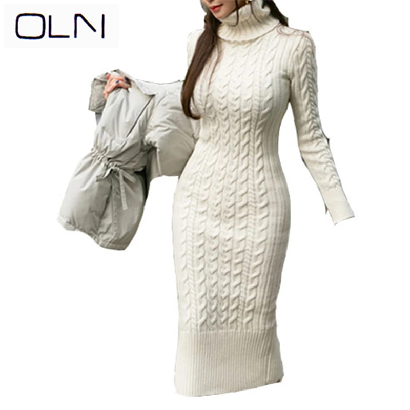 Платье oln в Корейском стиле; Новое поступление; сезон осень-весна; ; облегающая сумка; Высокий воротник; длинный женский свитер с длинными рукавами; твист платье