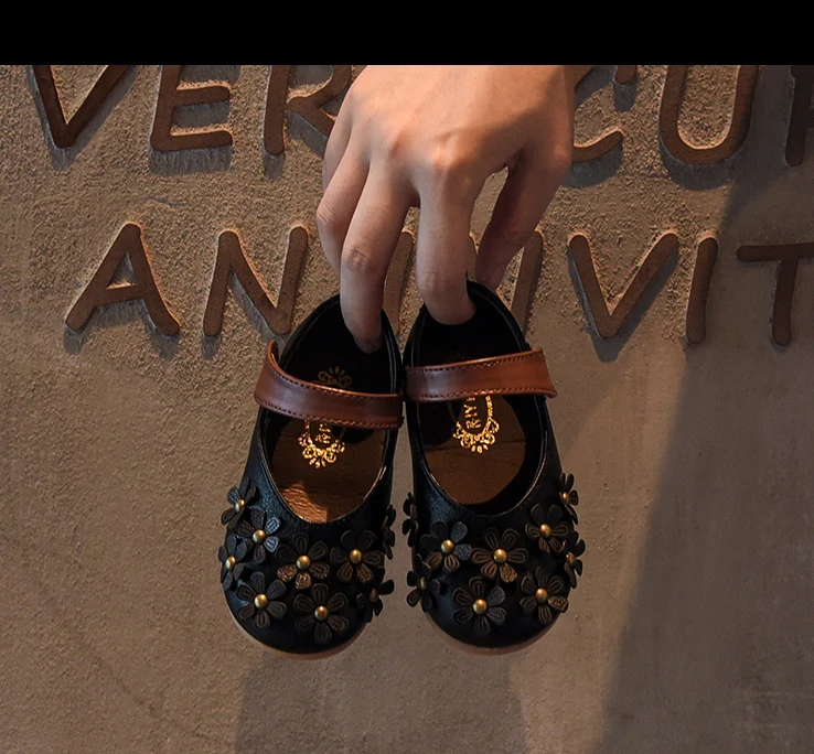 Bakkotie New Kids Black Pu Leather Shoes Baby Girls Autumn Sweet Flowers Pink Mary Jane Flats Toddler Fashion Dress Shoes