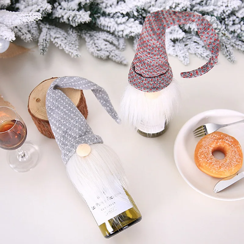 Christmas Accessories Set Wine Bottle Cover Long Beard Santa Doll Family Dinner Decor