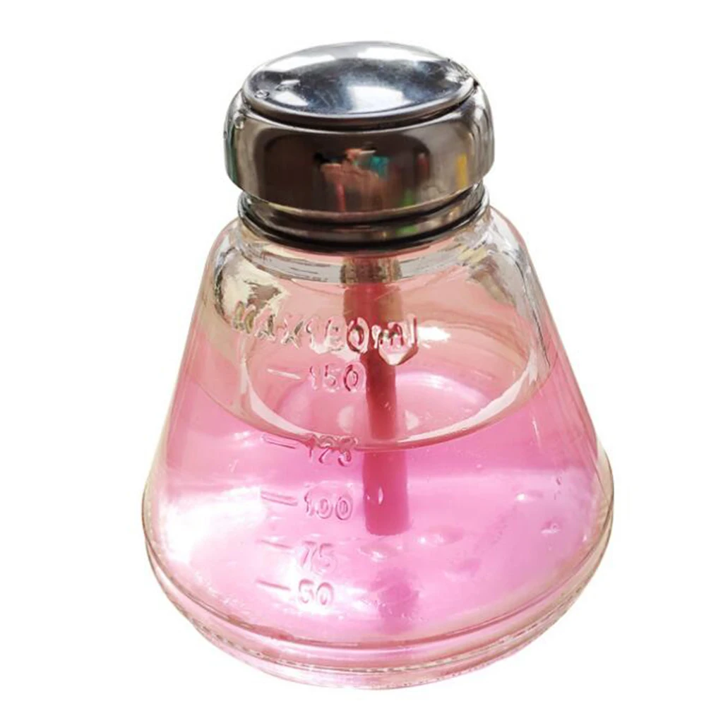 180ml Glass Push Down Empty Press Bottle Alcohol Acetone Pump Dispenser Vials for Nail Polish and Makeup Remover, Silver Top Cap