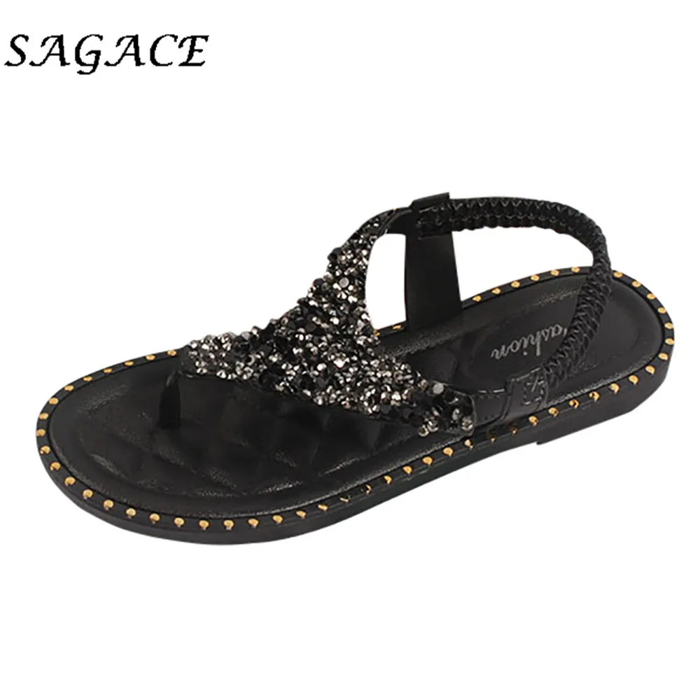 

SAGACE Flat Sandals For Women Summer Flip Flops Sandals Rhinestone Ladies Beach Sandals Leather Sandalias Mujer Sapato Feminino