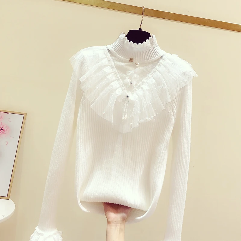 

Stereo Flower Beads Sweater Women 2020 Spring Clothing New Gauze Flounced Turtle-Neck Sweater Fashion Bodycon Jumper Pull