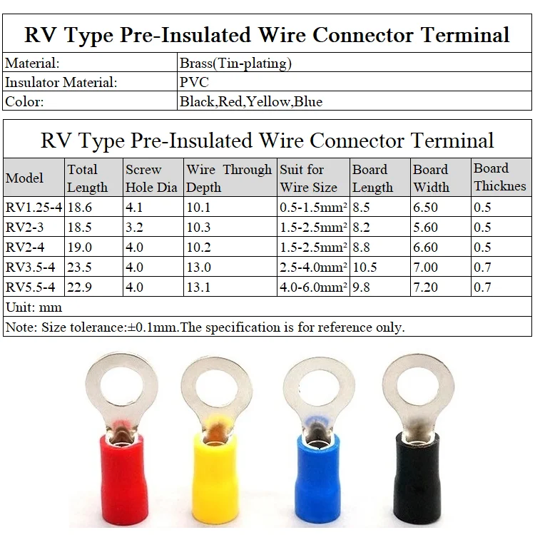 50pcs RV1.25-3 RV2-3 RV2-4 RV3.5-4 RV5.5-4 Wire Terminal Crimp Splice PVC Insulation Circular Round Cold Press Cable End Connect