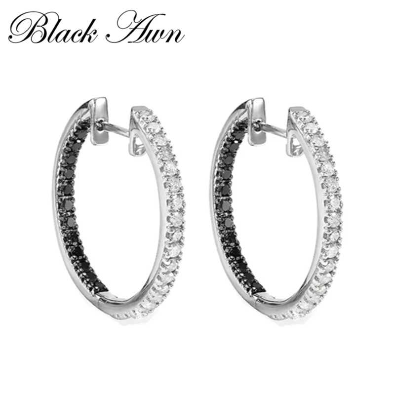 Black Awn 2020 New Classic 925 Sterling Silver Round Black Trendy Spinel Engagement Hoop Earrings for Women Fine Jewelry I189