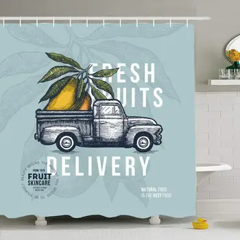 

Shower Curtain Set with Hooks 66x72 Farm Vegetables Delivery Design with Template Classic Vintage Symbol Food 50S Pickup Drink