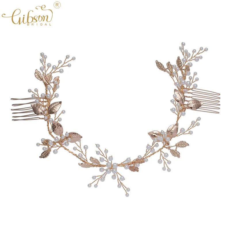 Anniversary Party Jewelry Headband Golden Leaf Bridal Hair Comb Accessories Wedding Side Combs With Pearl