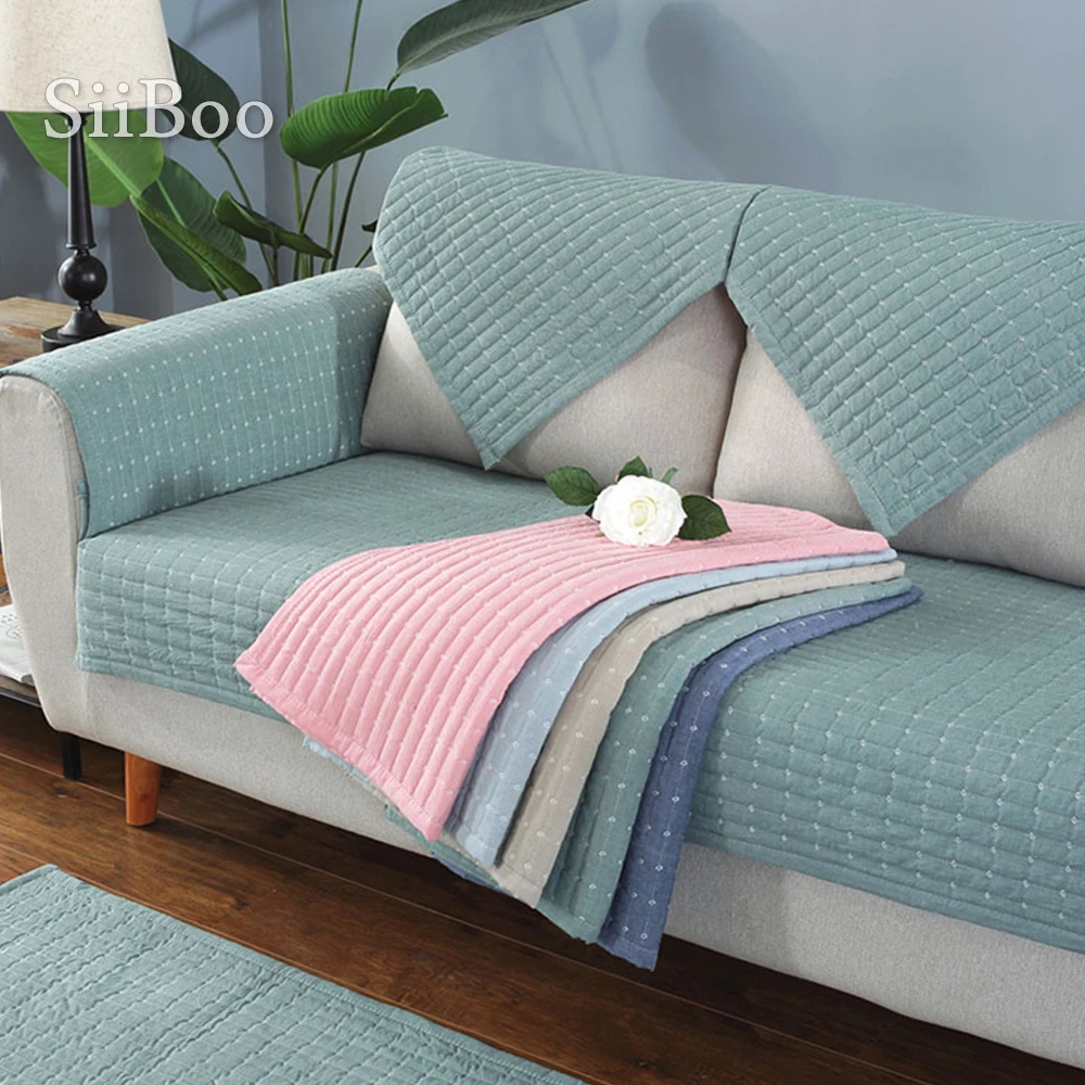 Modern Style Pink Green Plaid Quilted Sofa Cover Cotton Cama Slipcovers For Living Room