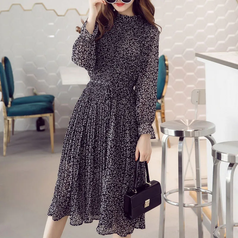 2020 Korean Style Plus Size Spring Women Pleated Dress Chiffon Sweet Loose Long Dress Floral Leaf Print Elegant Vintage Dresses