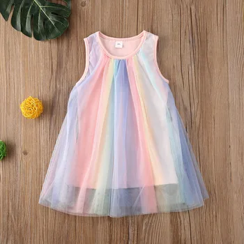 

Summer Kid Princess Girl Birthday Party Dress Infant Baby Girls Dress Rainbow Print Sleeveless Lace Tutu Mini Dress