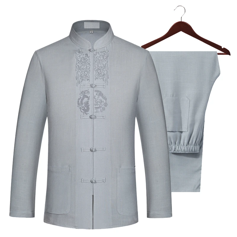 

Men's suit 2020 new kung fu uniform cotton and linen long-sleeved Tang suit Chinese Hanfu Dad Tai Chi suit gray vestido chino