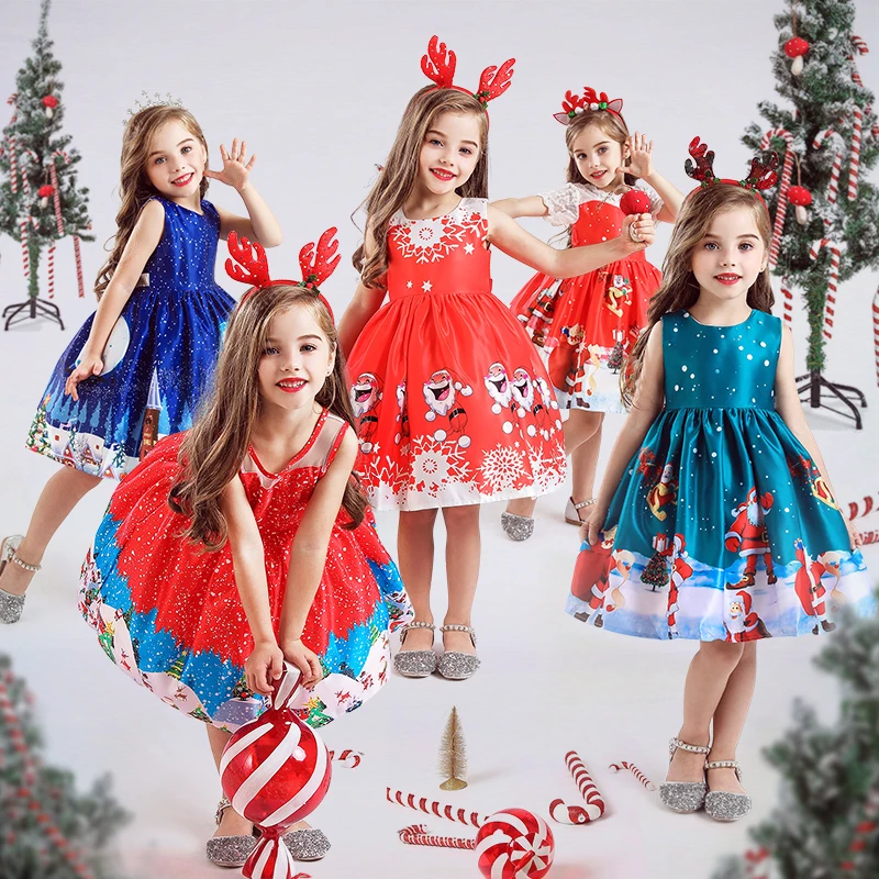 Рождественские платья для маленьких девочек; Рождественская одежда с принтом Санта-Клауса; платье принцессы; новогодние вечерние костюмы для костюмированной вечеринки для детей