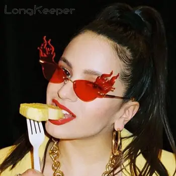 

LongKeeper 2020 Hot Fire Flame Sunglasses Unisxe Women Men Rimless Wave Sun Glasses Eyewear Luxury Metal Candy Color Gafas
