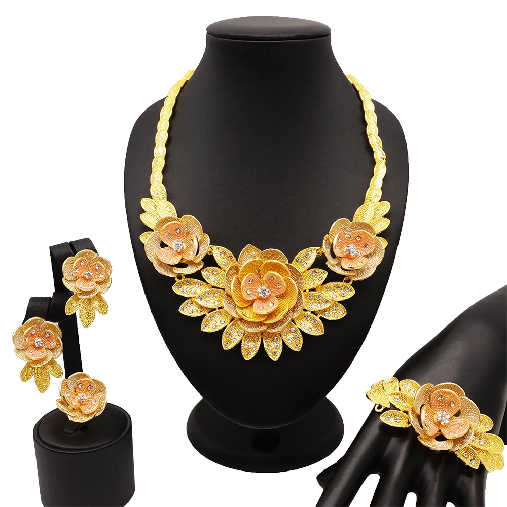 Золотые ювелирные наборы, свадебный ювелирный набор, африканские большие ювелирные наборы, позолоченный ювелирный набор, Женское Ожерелье - Окраска металла: BJ766-3