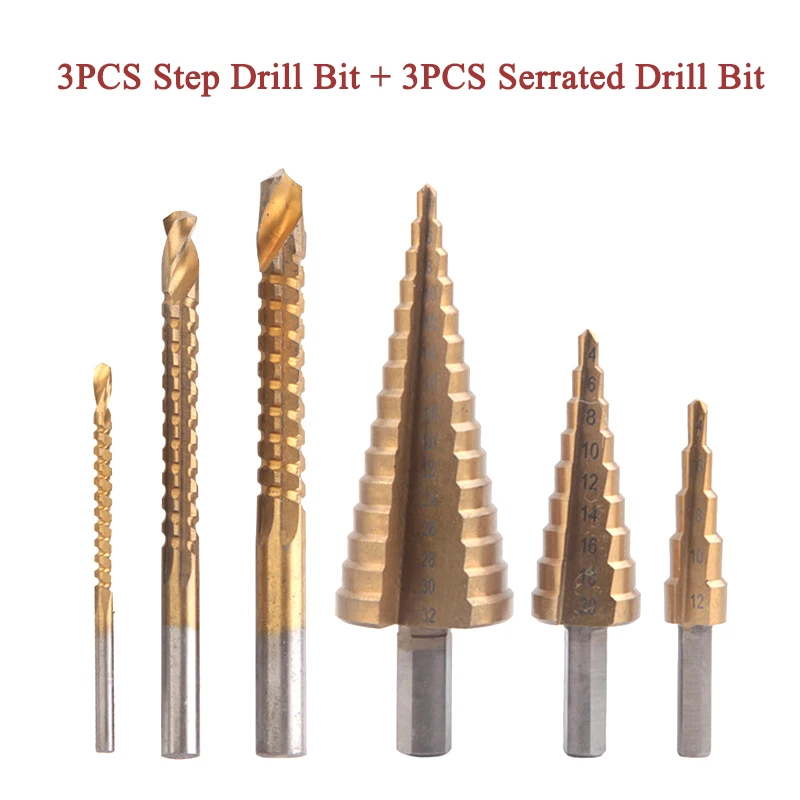 6pcs/set Serrated Drill Bit + Step Drill Bit HSS Pagoda Straight Flute Core Drill Bit Triangular Shank Cone Trapezoidal Reamer