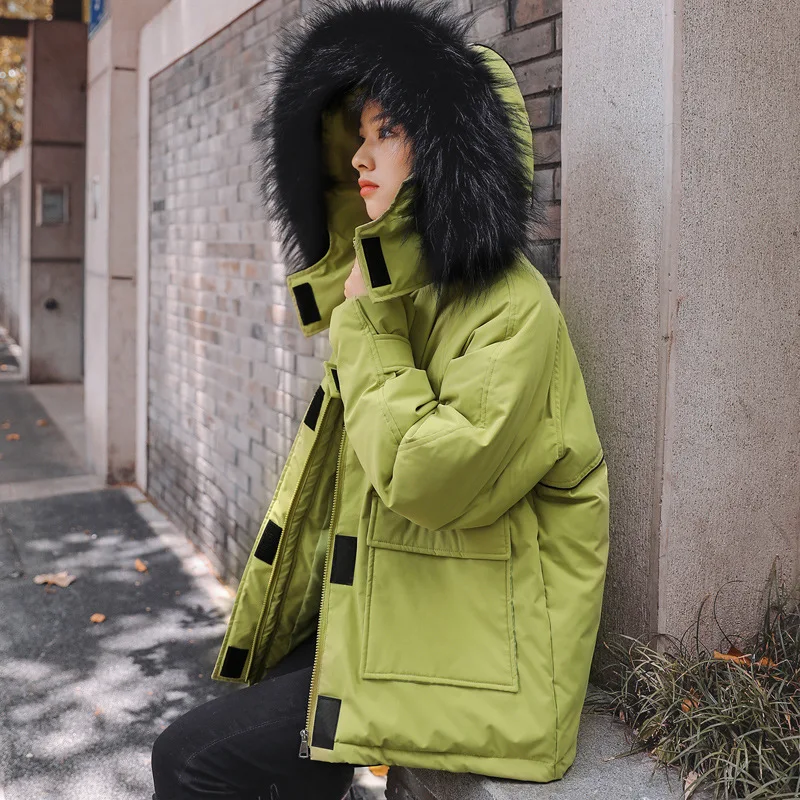 

Avocado Green down Jacket Women's Short Students Loose-Fit Workwear Hooded Cotton Overcoat Short-height off Season down Coat
