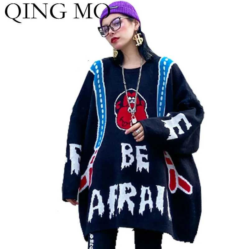 QING MO Black Women Letter Sweater 2019 Winter Fashion Cartoon Printed Female Plus Size Loose ZQY2320 |