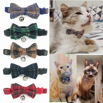 

Cat England Syle Bowtie Christmas Collar Cats Bow Tie with Bell Lattice Type Necktie for Small Cat Puppy Kitty Pet Accessory