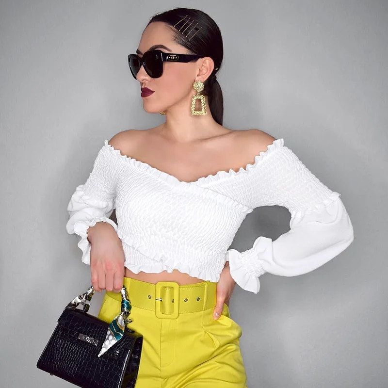 

Hot Sale Explosion 2020 Spring New women shirts harajuku style ins Sexy V-neck Puff Sleeve Ruffles cross Short Solid slim tops