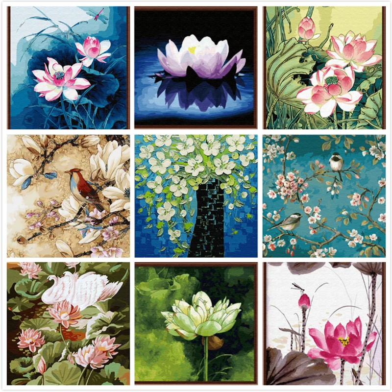 DIY Magpie Lotus Painting By Numbers Handpainted Flower and Bird Illustration Wall Art Picture Home Decoration Frameless 16&quot*20&quot | Дом и