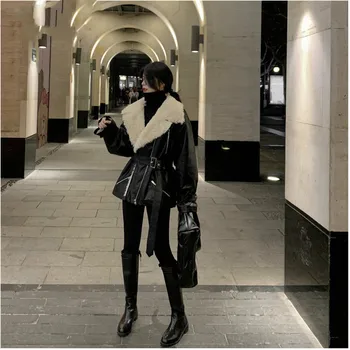 

TVVOVVIN Temperament Turn Down Collar Full Sleeve Zipper With Belt Women Loose Lamb Hair PU Fur Jacket Autumn Winter New L746