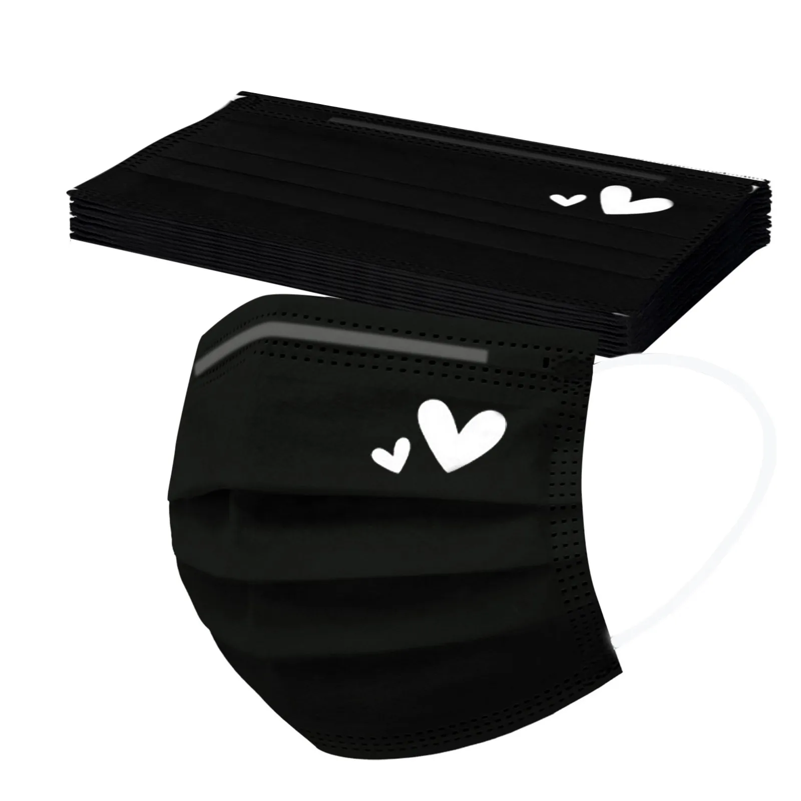 Face Mask 10pc Adult Black Print Red Heart Disposable 3 Layers Ear Loop Breathable