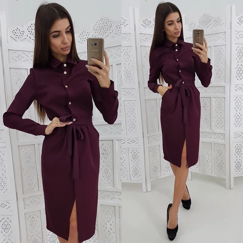 Goedkoop Vrouwen Sjerpen Straight Party Dress Lange Mouwen Turn Down Kraag Split Sexy Elegante Jurk 2019 Knop Midi Jurk Vintage Zakken