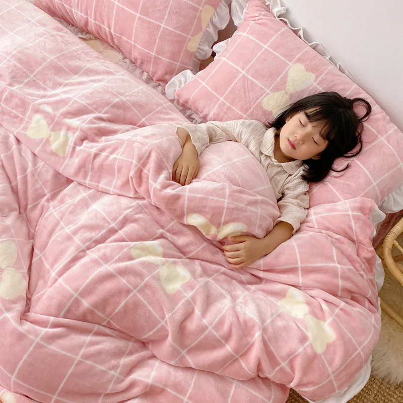 

Princess Style Milk Velvet Lotus Leaf Side Bed Sheets Quilt Cover 4pcs Double-faced Velvet Thick Warm Children Bedding 3pcs