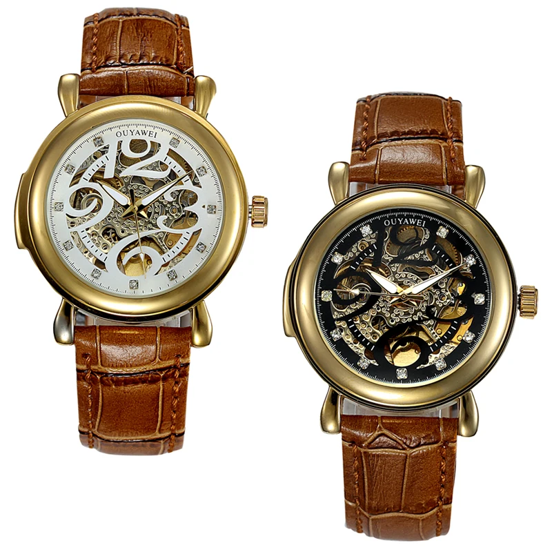

New Luxury Gold Black Watch Men Automatic Mechanical Watch Leather Band Crystal Dial Numeral Wristwatch Waterproof Orologio Uomo