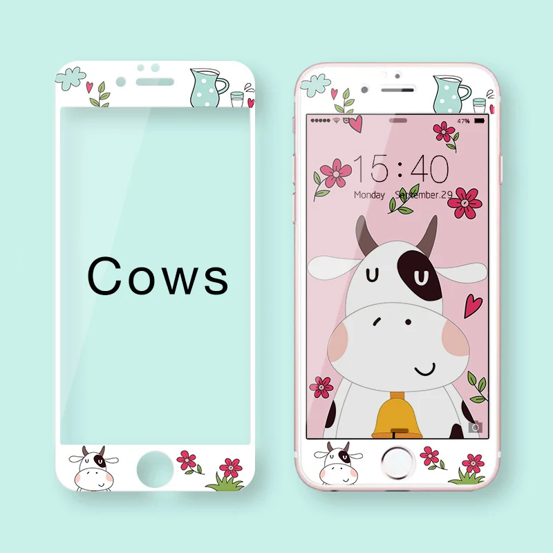 Милый мультфильм закаленное стекло для iPhone 7 8 Защитная пленка для экрана для iPhone 7 8 Plus Защитная пленка для экрана 3D мягкая твердость края - Цвет: Cows