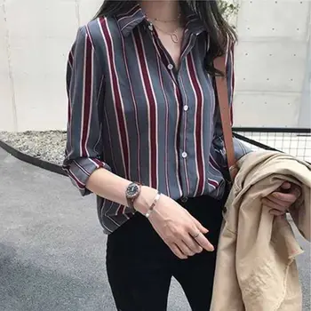 

Vintage Long Sleeve Casual Shirt Fashion Women Striped Print Loose Lapel Blouse 1
