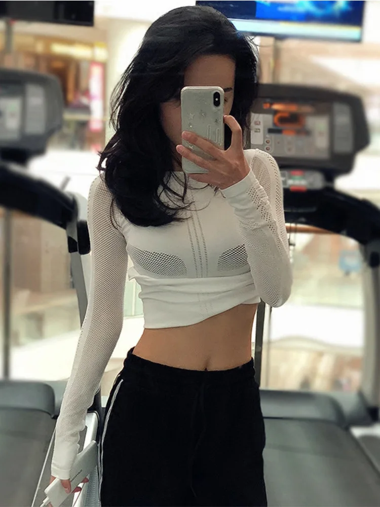 

Breathable Mesh Sports Fitness Tops Women's Crew Neck Long Sleeve Tight Elasticity Running T-shirt Slimming Yoga Clothes