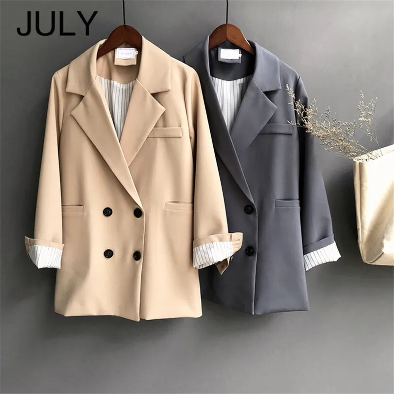 

JLUY Autumn Winter Woman Blazer Jacket Coat Double Breasted Cotton Chic Long Suit Female Khaki Blue Casual Cardigan Solid color