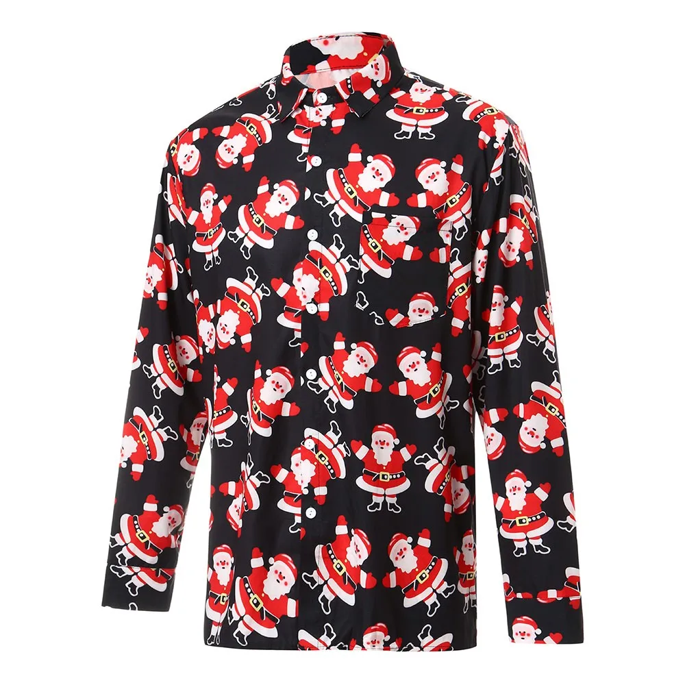 Camisa masculina рубашка мужская Повседневная осень зима 3D Рождественский принт длинный рукав тонкая рубашка Топ Блузка camisa masculina - Цвет: Черный