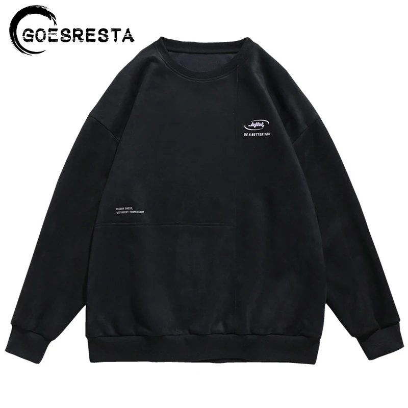 

GOESRESTA Hip Hop Suede Solid Color Sweatshirts Men 2020 Autumn Streetwear Harajuku Pullover Cotton Brand Fashion Men Sweatshirt