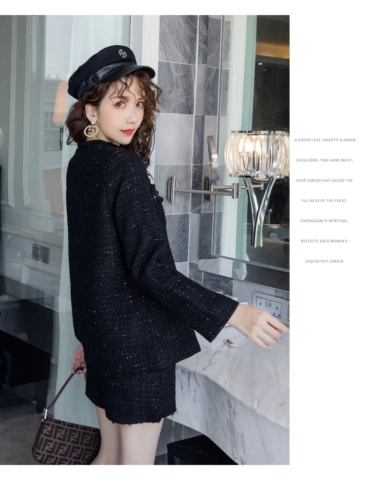 Black Tweed Blazer Skirt Two Piece Sets Autumn Winter New Ladies Tweed Jacket+ Skirt Coat Women Suits Clothes Wholesale