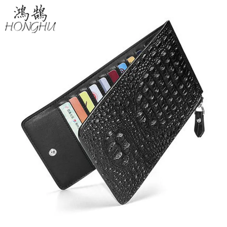 

Men Long Crocodile Pattern Genuine Leather Card Bag Card Bit More Zipper Wallet Large Capacity Bank Card Holder