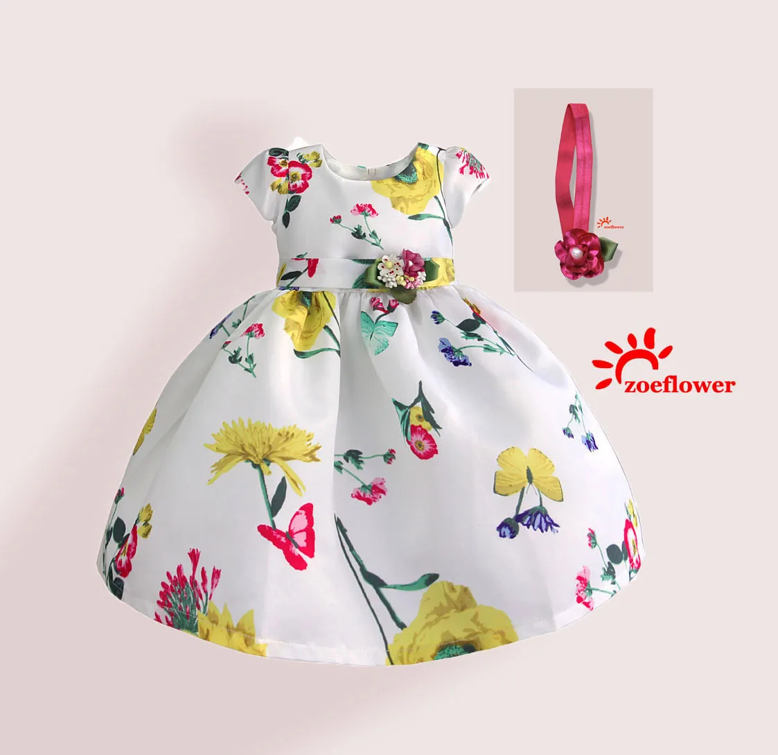 Zoeflower/ летний стиль; двухслойное платье с короткими рукавами и принтом бабочки для девочек; повязка для волос