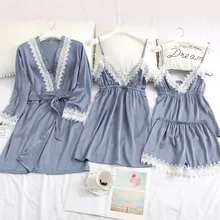 Весенние и летние женские сексуальные пижамы, платье+ 2 подтяжки юбка+ шорты с нагрудной подкладкой, Тонкая шелковая домашняя одежда