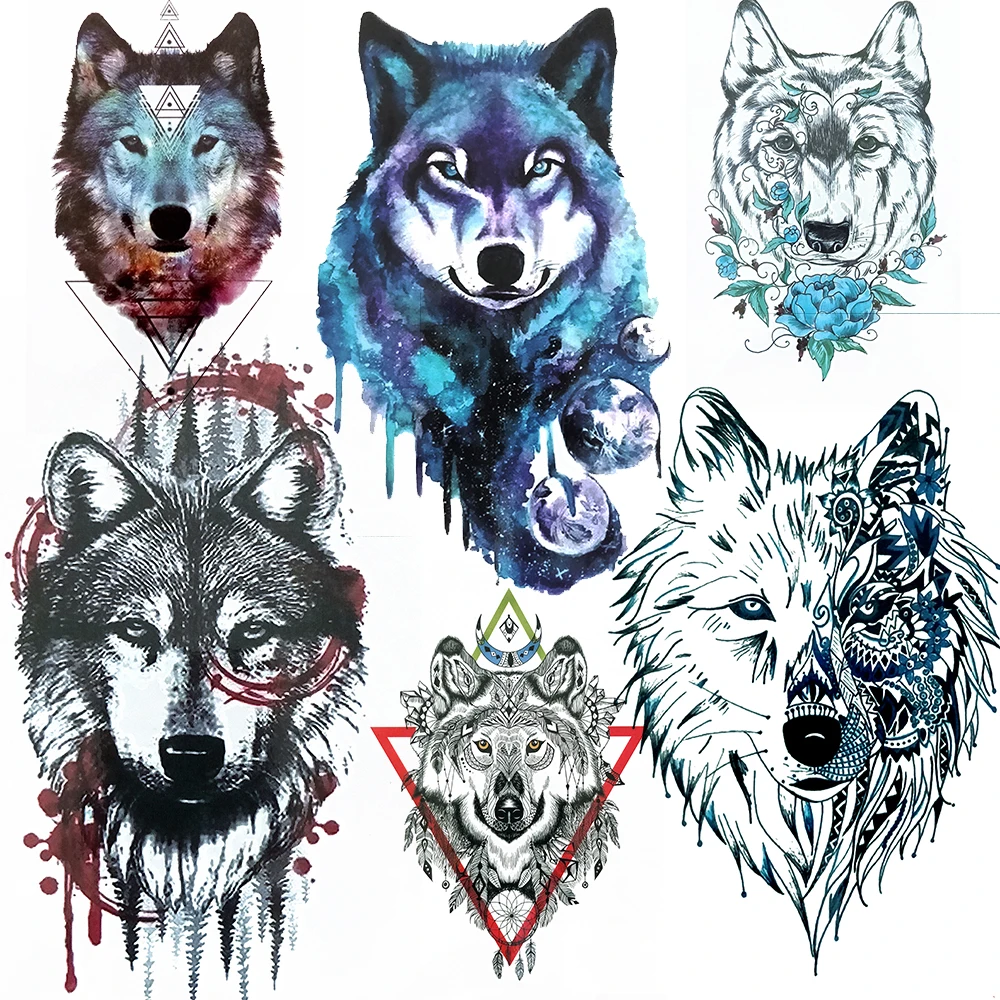 Watercolor Spray Wolf Fake Temporary Tatoos For Men Women Lion Henna Tattoo Geometric Realistic Coyote Body Art Arm Tatoo Flower | Красота и