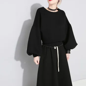

2020 Spring New Fashion Bow Tie Lantern Long Sleeve Round Neck Loose Top Solid Color Pullover Leisure Comfortable Sweatershirt