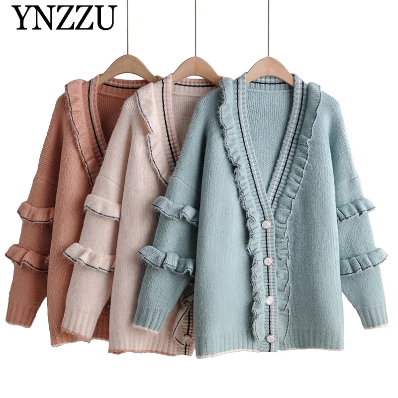 Best Price 2019 Autumn Winter loose Women knitted cardigan Fashion ruffles Single breasted Female sweater V-neck Thick jumper YNZZU YO950